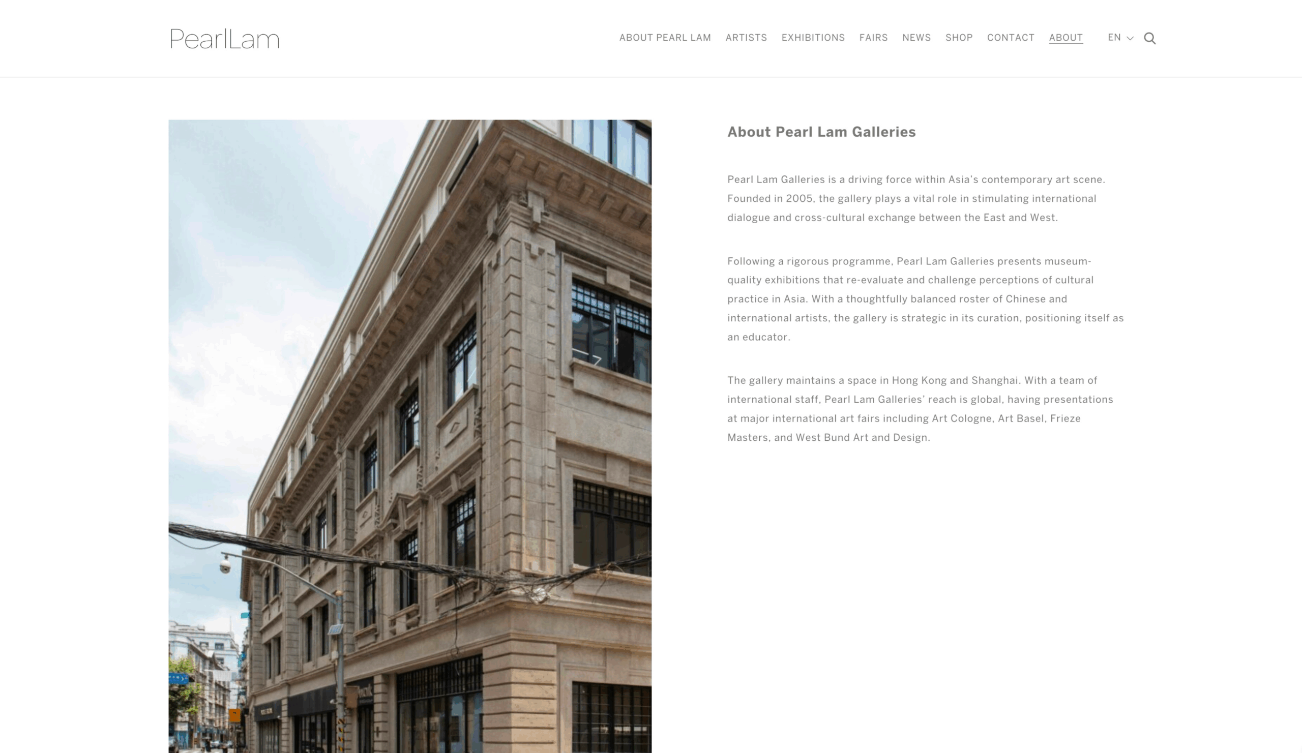 Pearl Lam Galleries project screenshot by React Digi