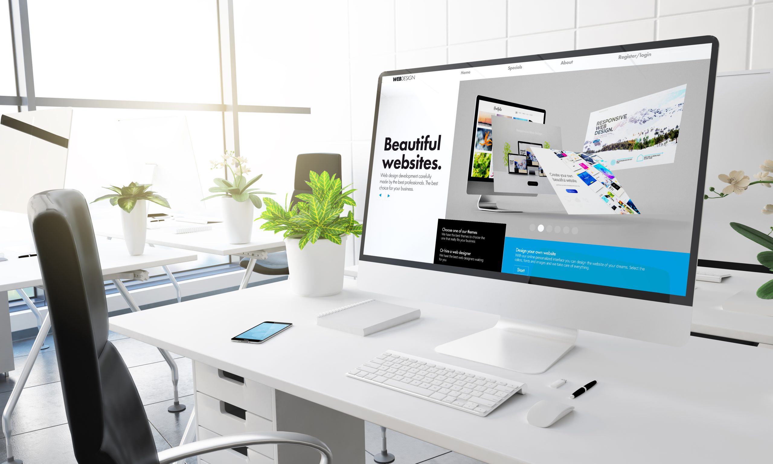 computer with website builder modern office 3d rendering scaled