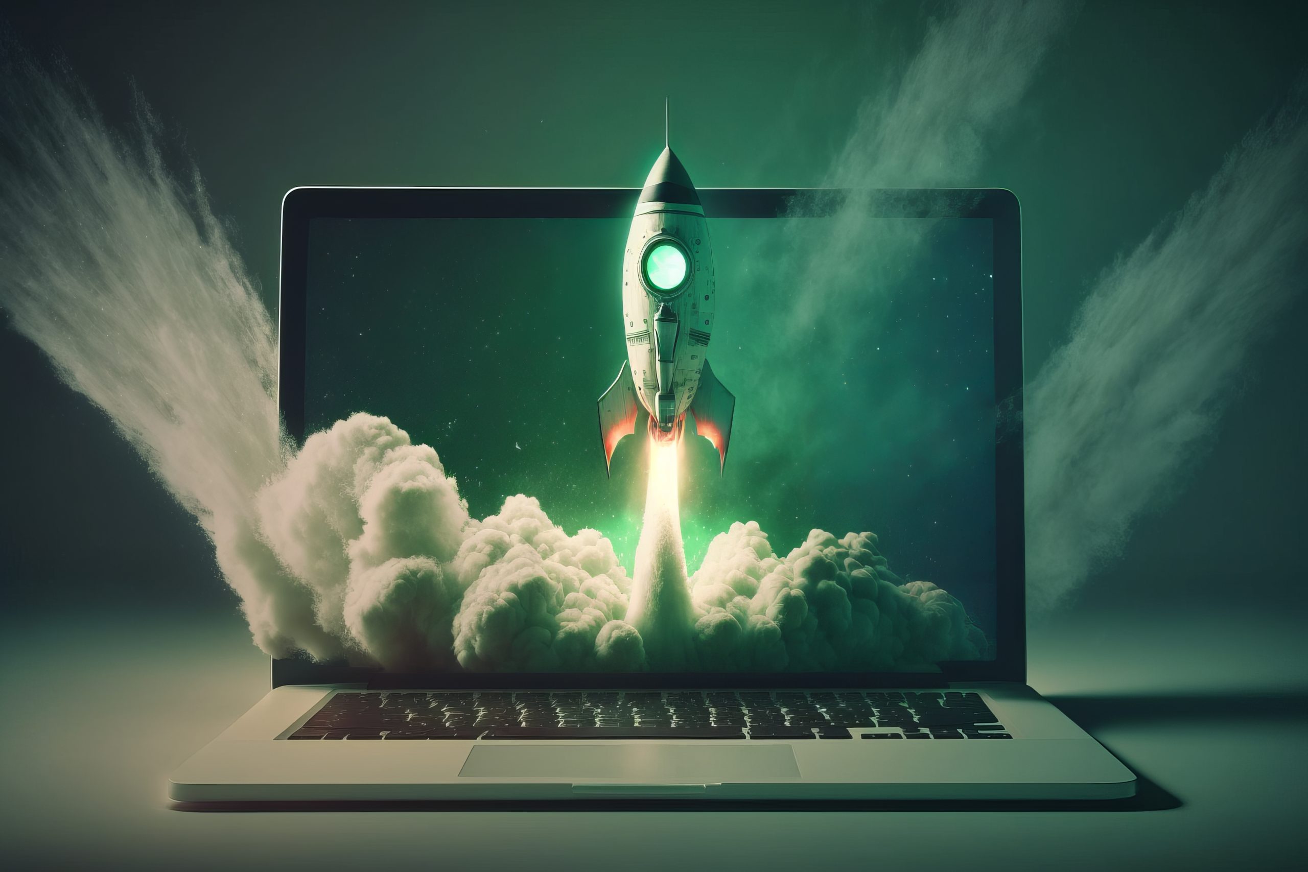 illustration rocket taking off from laptop screen generative ai scaled