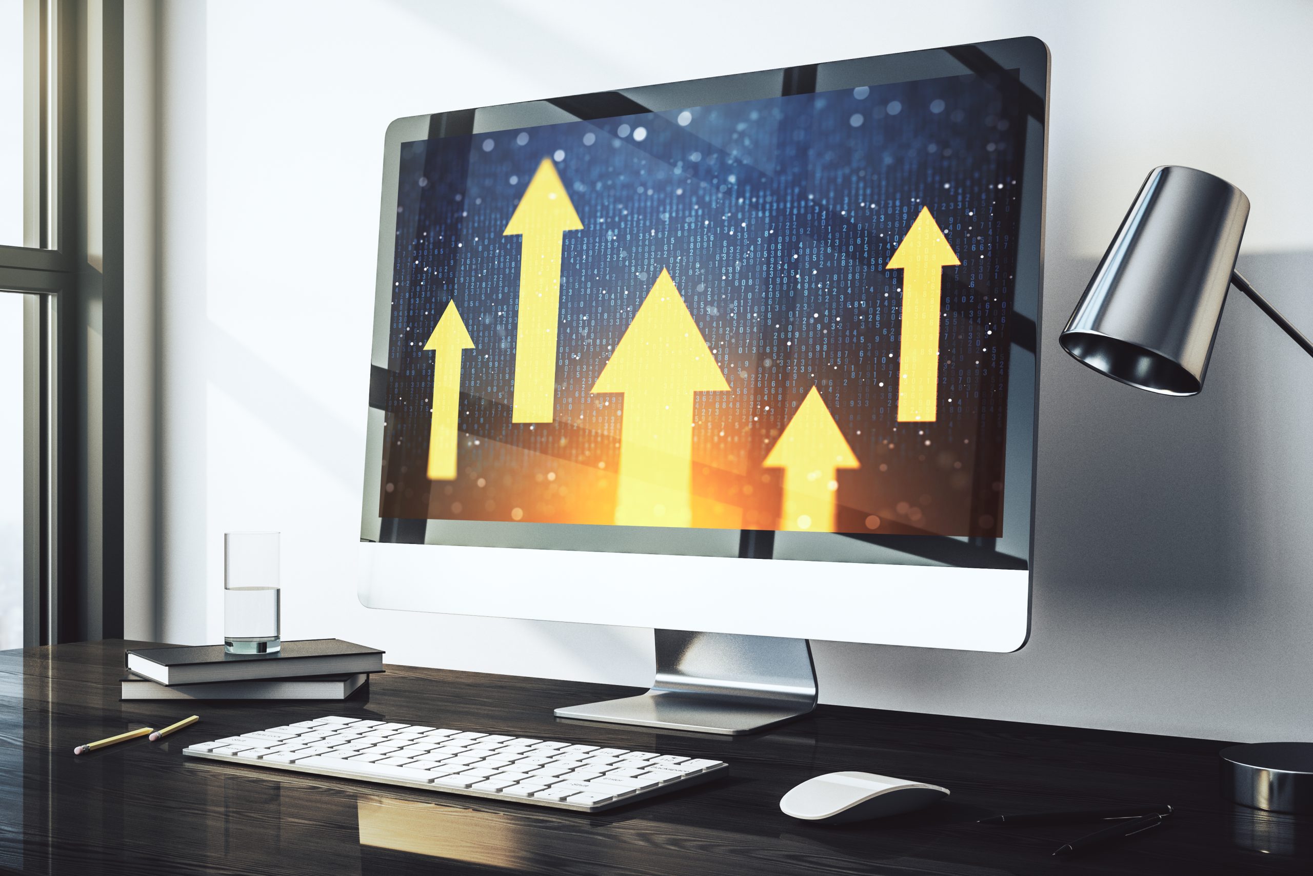 modern computer monitor with creative abstract upward arrows hologram ambition challenge concept 3d rendering scaled